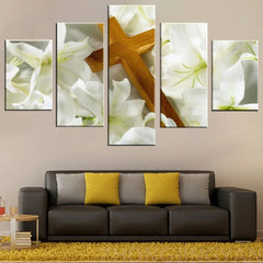 Christ Cross And Lilies Flower Wall Art Canvas Printing Decor