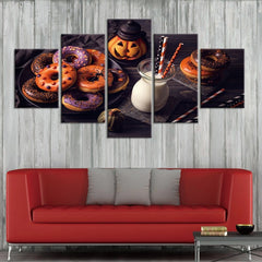 Halloween Pumpkin Donuts Milk Food Wall Art Canvas Printing Decor