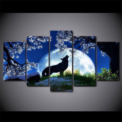 Howling Wolf Blue Moon Cherry Blossoms Night Wall Art Canvas Printing Decor