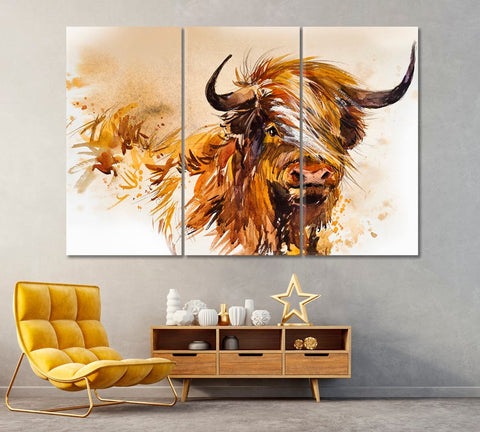 Abstract Scottish Highland Cow Wall Art Canvas Printing Decor-3Panels
