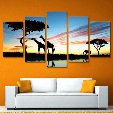 African Animal Giraffe Elephant Sunset Wall Art Canvas Printing Decor
