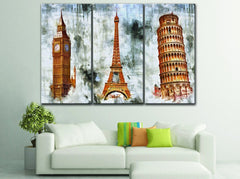 Ancient Eiffel & Pisa Towers & Big Ben London Wall Art Canvas Printing Decor