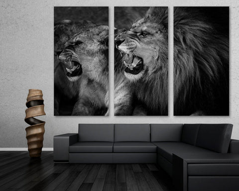 Black-White Roaring Couple Lion Wall Art Canvas Printing Decor