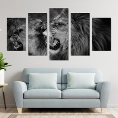 Black-White Roaring Couple Lion Wall Art Canvas Printing Decor