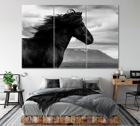 Black Wild Horse Wall Art Canvas Printing Decor-3Panels