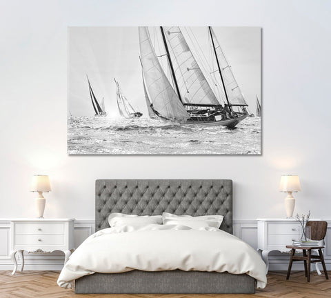 Black and White Yacht Regatta Sailboat Wall Art Decor Canvas Printing-1Panel
