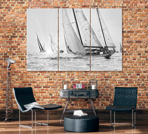 Black and White Yacht Regatta Sailboat Wall Art Canvas Printing Decor-3Panels