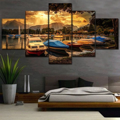 Boat Marina Port Sunset Wall Art Canvas Printing Decor