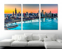 Chicago Skyline Harbor Sunset Wall Art Canvas Printing Decor