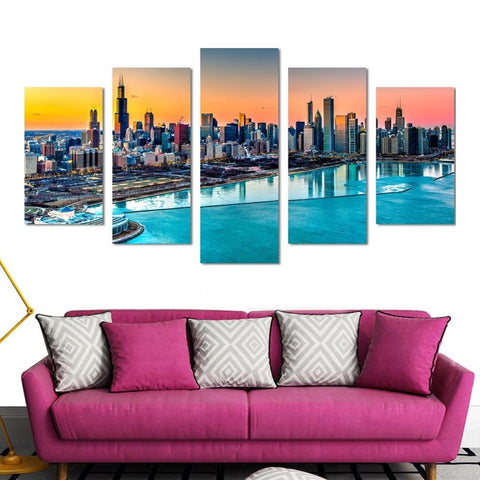 Chicago Skyline Harbor Sunset Wall Art Canvas Printing Decor