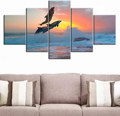 Dolphins Jumping Sea Wave at Sunset Wall Art Canvas Printing Decor