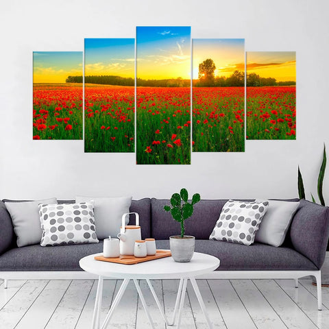 Field of Red Poppies Sunset Wall Art Canvas Printing Decor