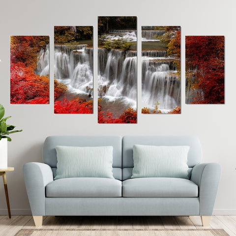 Forest Waterfall Red Trees Nature Wall Art Canvas Printing Decor