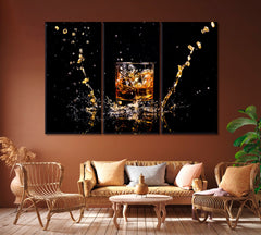Glass of Whiskey with Splash Wall Art Canvas Printing Decor-3Panels