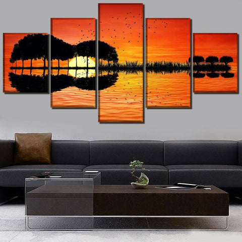 Guitar Island Tree Lake Sunset Reflection Wall Art Canvas Printing Decor