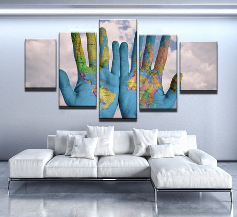 Hands World Map Wall Art Canvas Printing Decor