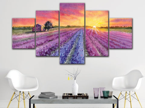 Lavender Field Sunset Watercolor Wall Art Canvas Printing Decor