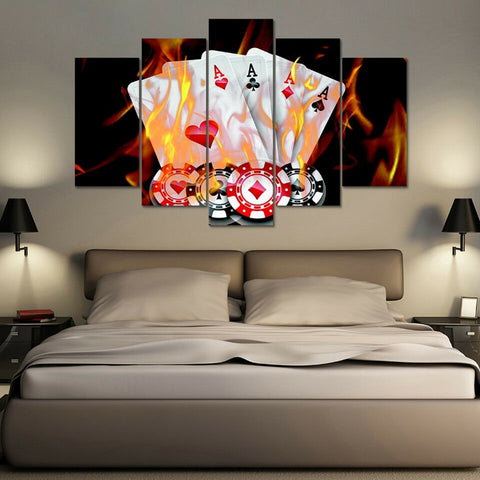 Poker Cards Casino Chips On Fire Wall Art Canvas Printing Decor