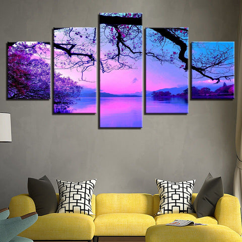 Purple Sunset Tree Lake Wall Art Canvas Printing Decor