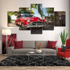 Red Cuban Car Vacation Tropical Scenery Wall Art Canvas Printing Decor