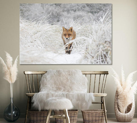 Red Fox in Snow Forest Wall Art Decor Canvas Printing-1Panel