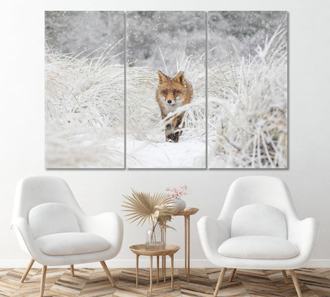 Red Fox in Snow Forest Wall Art Canvas Printing Decor-3Panels