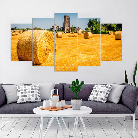 Round Bales of Straw Sunset in a Field Wall Art Canvas Printing Decor