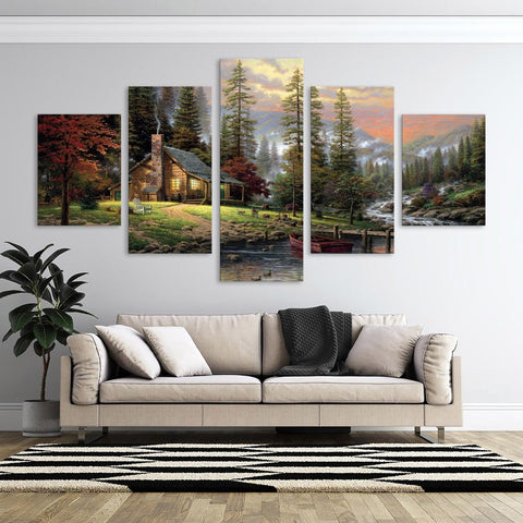The Fishing Cabin Forest Lake Wall Art Canvas Printing Decor