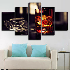 Whiskey Cigar Smoking Ice Rocks Wall Art Canvas Printing Decor