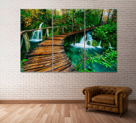 Wooden Bridge Waterfall Wall Art Canvas Printing Decor-3Panels