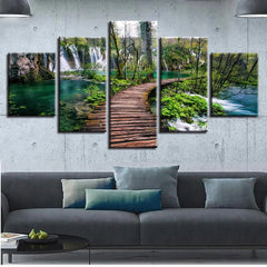Wooden Bridge Waterfall Nature Forest Wall Art Canvas Printing Decor