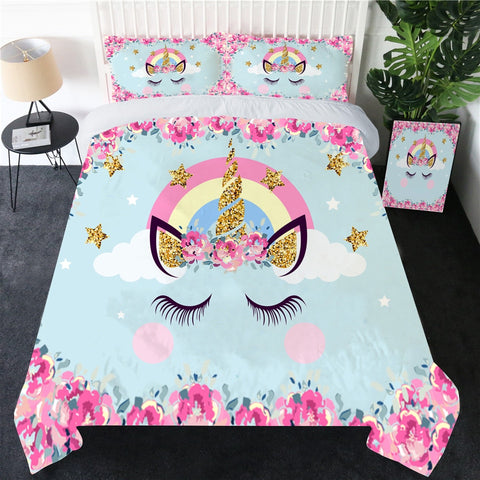 Unicorn Bedding Set With Flowers Cute Colorful Duvet Cover Set 3PCS