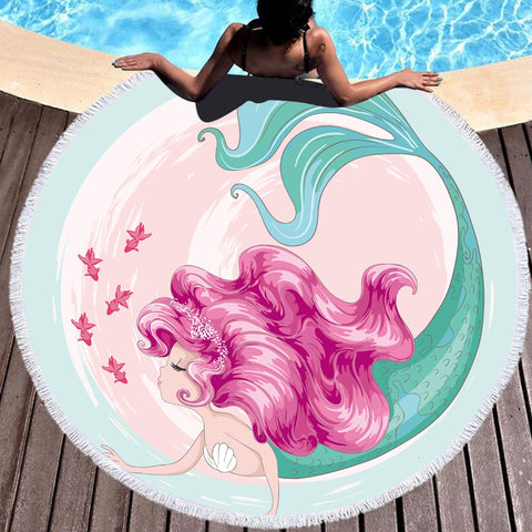 Cartoon Pink Mermaid Microfiber Large Round Beach Towels