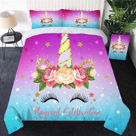 Unicorn Bedding Set With Flowers Cute Colorful Duvet Cover Set 3PCS