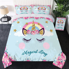 Unicorn Bedding Set With Flowers Cute Colorful Duvet Cover Set 3PCS