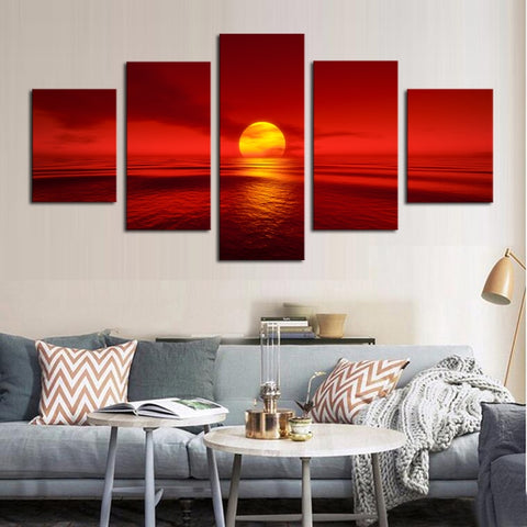 Sunset Red Sun Seascape Wall Art Decor Canvas Printing - BlueArtDecor