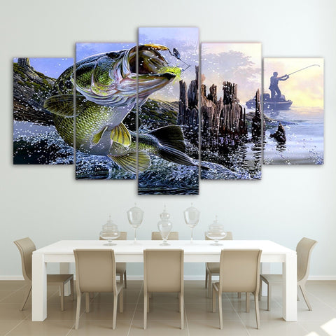 Bass Fish Jumping Fishing Wall Art Decor Canvas Printing - BlueArtDecor