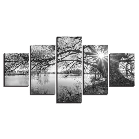 Black-White Lakeside Big Trees Wall Art Decor Canvas printing - BlueArtDecor