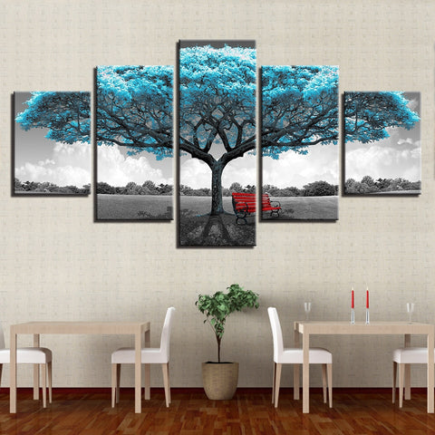 Blue Big Tree Red Chair Landscape Wall Art Decor Canvas Printing - BlueArtDecor