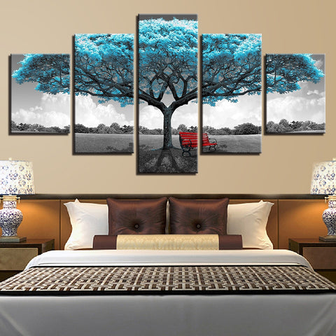 Blue Big Tree Red Chair Landscape Wall Art Decor Canvas Printing - BlueArtDecor