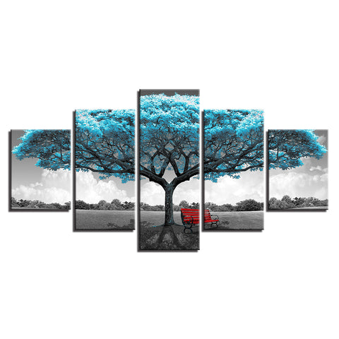 Blue Big Tree Red Chair Landscape Wall Art Decor Canvas Printing - BlueArtDecor