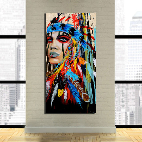 Native American Indian Blue Feathered Wall Art Decor Canvas Printing - BlueArtDecor
