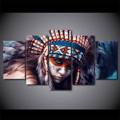 Native American Indians Girl 5-panels Wall Art Decor - BlueArtDecor