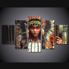 Native American Indian Girl feather 5-panels Wall Art Decor