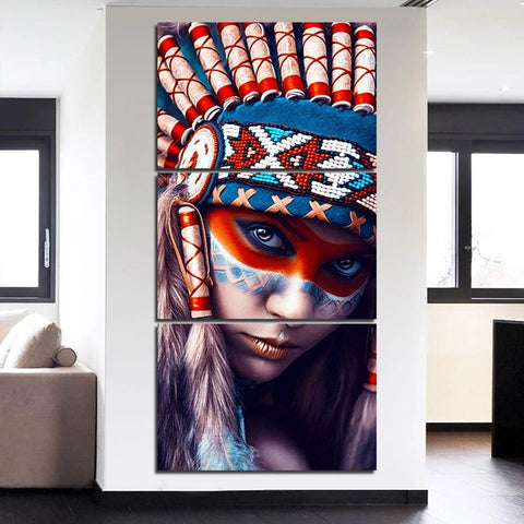 Native American Indian Girl Feathered Wall Art Decor Canvas Printing