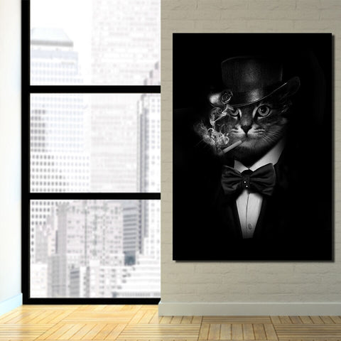 Gentleman Cat Smoking Wall Art Decor Canvas Printing - BlueArtDecor