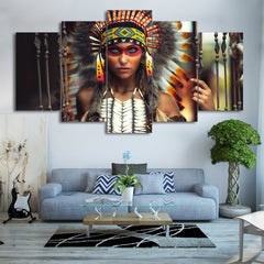 Native American Indian Girl feather 5-panels Wall Art Decor - BlueArtDecor