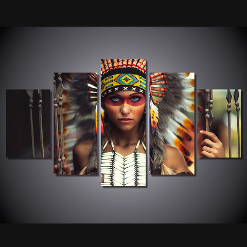 Native American Indian Girl feather 5-panels Wall Art Decor - BlueArtDecor
