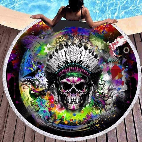 Skull Color Hippie Round Beach Towel